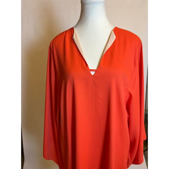 Elaine Turner | Coral/Orange Wide Sleeve V Neck Flowy Tunic Dress | Small - Picture 3 of 13